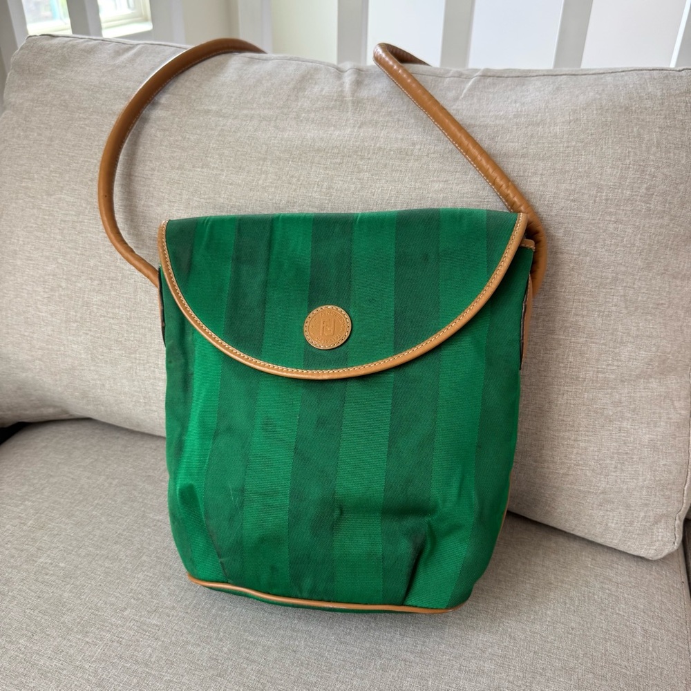 Fendi Roma Green Stripe Coated Canvas Brown Leather Trim Crossbody Handbag FF